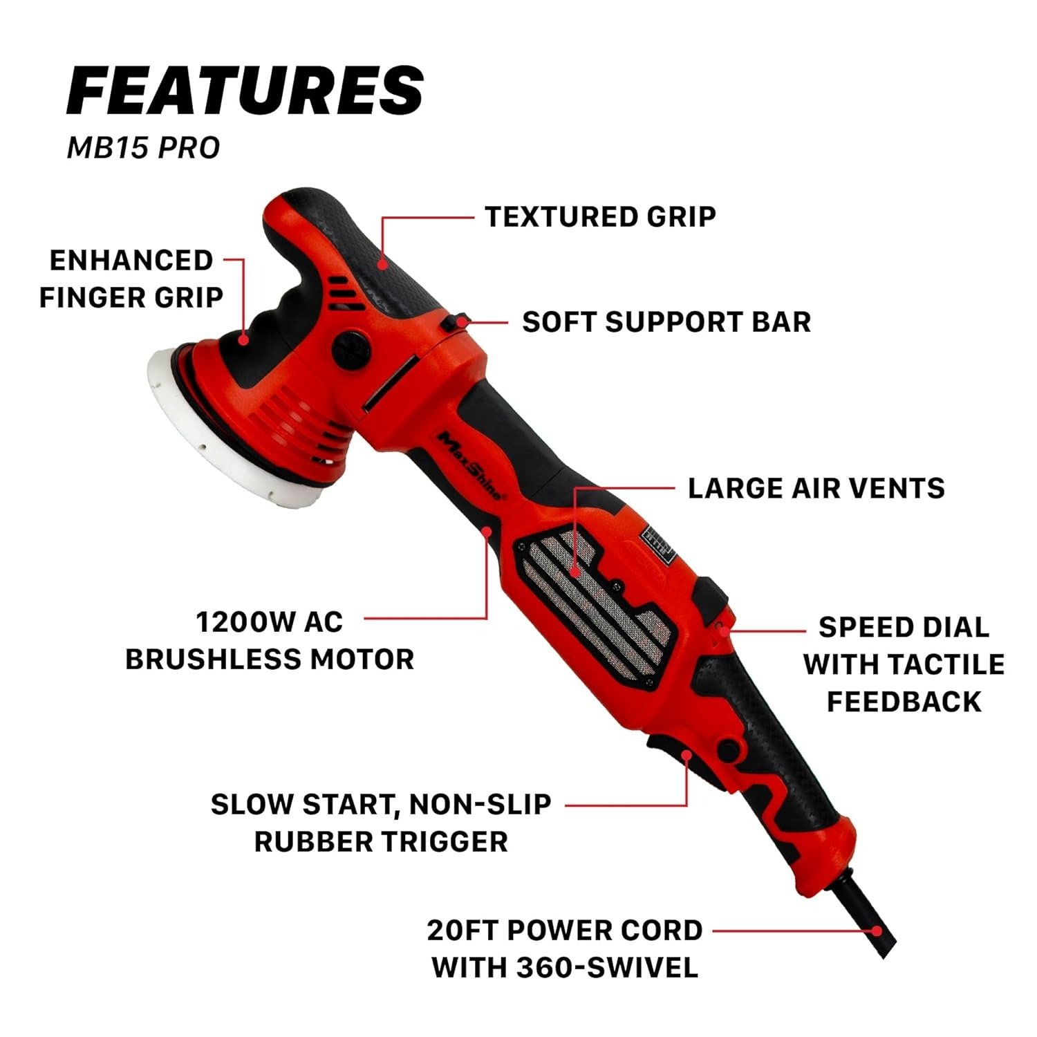 MaxShine 15mm Brushless Dual Action Polisher | 1200W DA Polisher | Variable Speed, Low Noise, Smooth Start | Professional Car Detailing Machine - Image 6